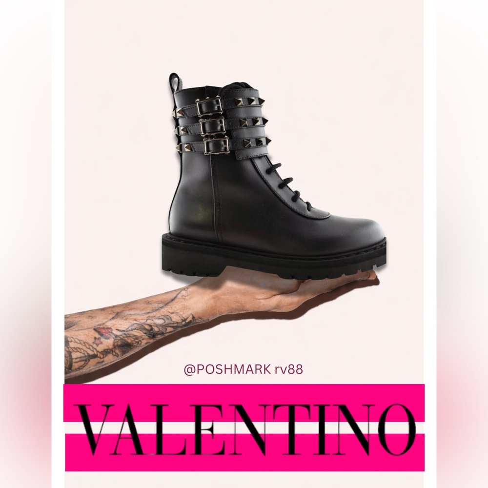 VALENTINO NIB Rockstud Buckle Accents Leather Combat Boots Size 39